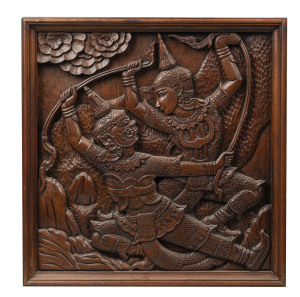 A Thai carved timber panel, mid 20th century, 63 x 62cm