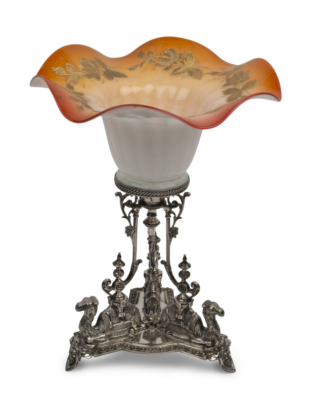 An English silver plated table centre piece with frilled opaque glass bowl, 19th century, ​38cm high