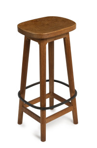MOUSEMAN timber bar stool with iron leg rail, circa 1930, designed by Robert Thompson with his trademark carved timber mouse to the inside leg, 78cm high, 37.5cm wide, 29.5cm deep