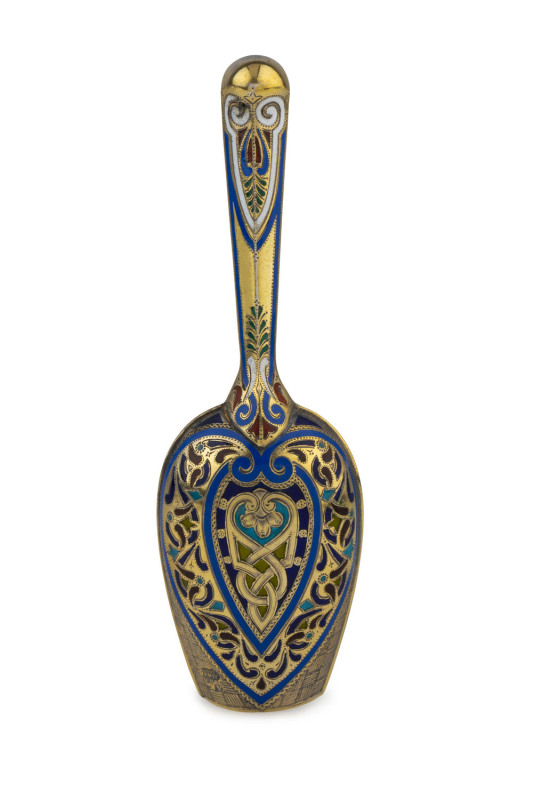 A superb Russian silver spoon, beautifully enamelled with original gilt wash finish, circa 1889, ​12cm long, 40 grams total