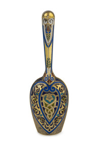 A superb Russian silver spoon, beautifully enamelled with original gilt wash finish, circa 1889, 12cm long, 40 grams total