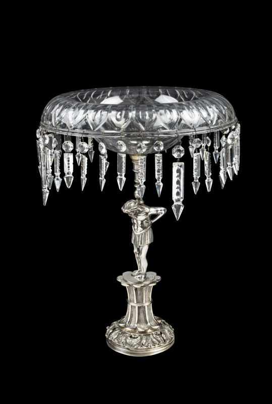 An antique English silver plated table centre piece, figural column with ornate cut crystal bowl and drops, 19th century, 52cm high, 37cm diameter