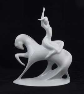 ROYAL DUX Czechoslovakian white porcelain figure of a stylized horse and female rider, circa 1960s, pink triangular factory mark, 36cm high