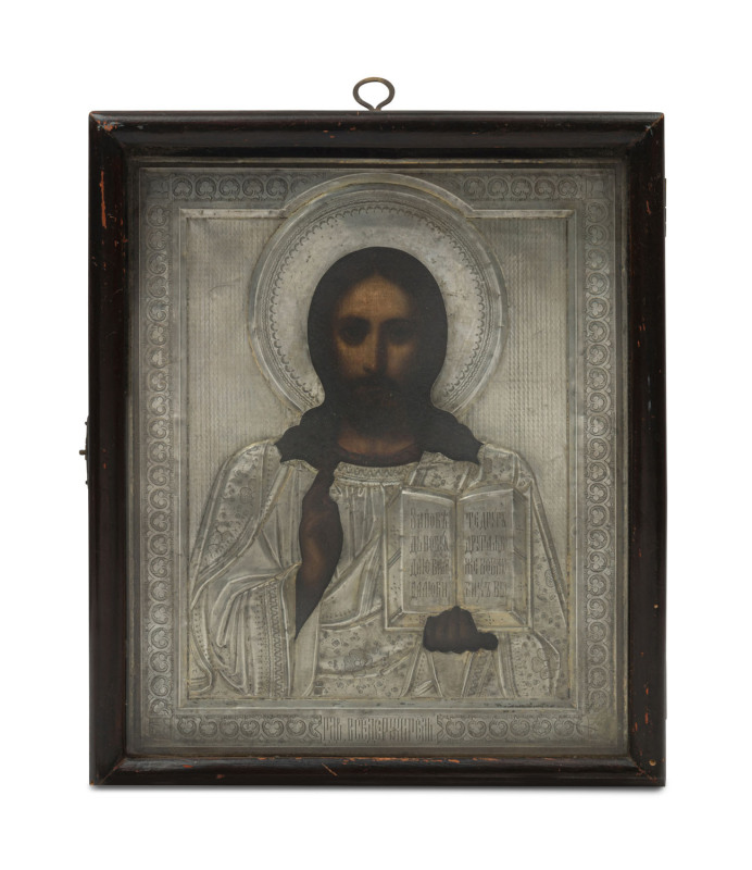 An antique Russian silver icon in timber case, 19th century, ​29 x 25cm overall