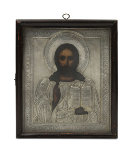 An antique Russian silver icon in timber case, 19th century, 29 x 25cm overall