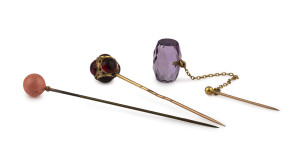 Three antique hatpins with stones, 19th century, the largest 8cm long
