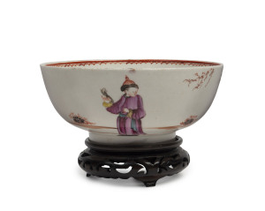 LOWESTOFT Rare English porcelain bowl beautifully painted with Chinese figures in landscape in a famille verte pallet, circa 1770, 6.5cm high, 15cm diameter PROVENANCE: J. G. Carpenter Collection, U.K