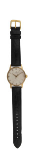 OMEGA 18ct gold cased gents vintage wristwatch with 18 jewels and black leather strap, ​4 x 3.5cm