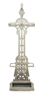 CHRISTOPHER DRESSER design antique English cast iron hallstand with white painted finish, 19th century, 182cm high, 55cm wide, 25cm deep