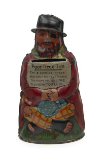 "Poor Tired Tim": - Lithographed figural money box, limerick on front panel, c. 1912, Germany, height 12.5cm.