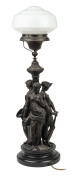 An impressive cast spelter figural lamp with milk glass shade, late 19th century, ​87cm high - 2