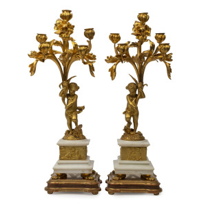 A pair of antique French candelabra, gilt bronze and marble with five branches on original gilt wood stands, 19th century, 60cm high