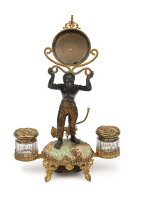 An American antique pocket watch stand with bell mechanism, bronze, porcelain, glass and gilded sterling silver, by Foster & Bailey, 19th century, stamped "F. & B. STERLING", 22cm high