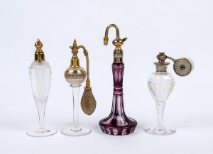 Four French antique and vintage glass perfume atomizers, late 19th and early 20th century, the largest 22cm high