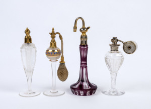 Four French antique and vintage glass perfume atomizers, late 19th and early 20th century, ​the largest 22cm high
