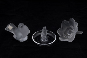 LALIQUE crystal dove, squirrel ring tray and flower ornament, mid to late 20th century, (3 items), engraved "Lalique, France", the flower 10.5cm wide