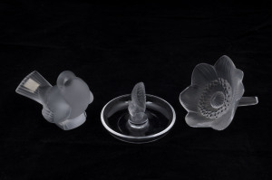 LALIQUE crystal dove, squirrel ring tray and flower ornament, mid to late 20th century, (3 items), engraved "Lalique, France", ​the flower 10.5cm wide