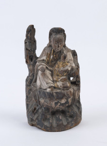 An antique Chinese carved wood and polychrome statue, 19th century or earlier, 18cm high