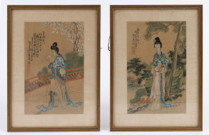A pair of Chinese watercolour portraits of ladies in garden scenes, Republic period, 20 x 13cm, frames 27 x 20cm overall