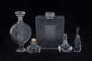 Five assorted glass perfume bottles including two by LALIQUE, 20th century, the largest 17.5cm high