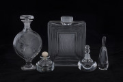 Five assorted glass perfume bottles including two by LALIQUE, 20th century, the largest 17.5cm high