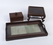 A Chinese serving tray with carved jade inset panel, a Chinese wooden deed box and a hardwood stand, early 20th century, (3 items), the tray 46cm wide