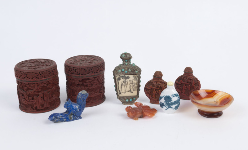 Chinese hard stone carvings, cinnabar lacquered boxes, four scent bottles and an agate dish, early to mid 20th century, (9 items), ​the boxes 9cm high