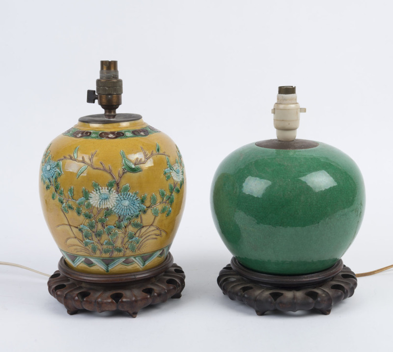 Two Chinese ceramic table lamp bases, circa 1920s, ​the larger 36cm high