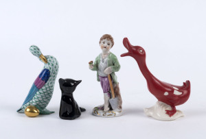 HEREND porcelain goose, GOEBEL porcelain duck, CROWN NAPLES Italian porcelain statue and a pottery cat, 20th century, (4 items), the largest 11cm high