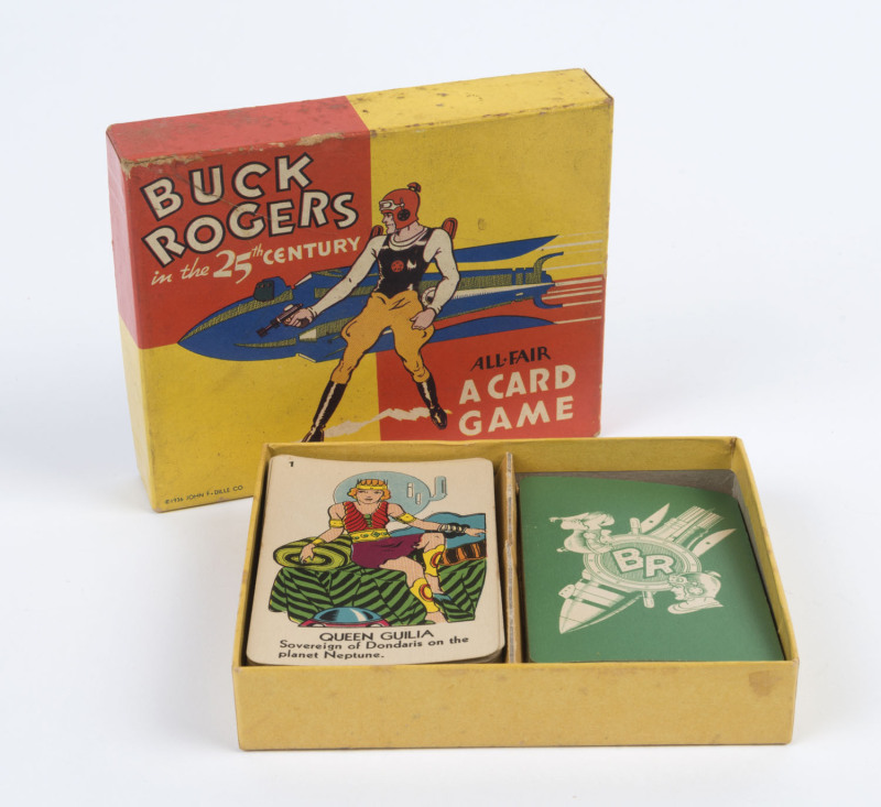 JOHN F-DILLE Co: - Boxed - "Buck Rogers in the 25th Century" Card Game: complete with 35 evocatively illustrated cards, plus "How to Play" card, within the original box; c. late 1930s, box 10 x 12.5cm.