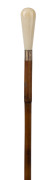 An antique walking stick with carved ivory handle, rose gold plated collar, cane shaft and ivory ferrule, 19th century, ​88cm high