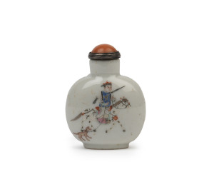 A Chinese porcelain snuff bottle with enamel decoration, Daoguang four character mark in iron red, 19th century, 6cm high