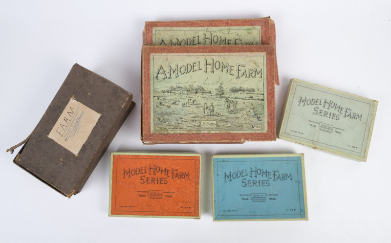 BRITAINS: - Boxed - "A Model Home Farm Series": hollow cast lead figures in original boxes with Series No 10F (horse & hounds and sheep) & Series No 11f (cattle & farm workers) both with box illustrations by Fred Whisstock, also Series 13F (trees & foliag