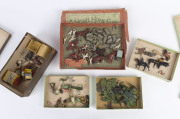 BRITAINS: - Boxed - "A Model Home Farm Series": hollow cast lead figures in original boxes with Series No 10F (horse & hounds and sheep) & Series No 11f (cattle & farm workers) both with box illustrations by Fred Whisstock, also Series 13F (trees & foliag - 2