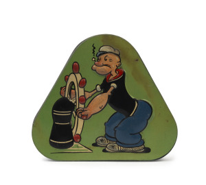 POPEYE: triangular-shaped impressed metal sweet tin by Allen's Confectionery (Australia), showing colourful image of Popeye at the Ship's Wheel; c.1930s, 15 x 13cm; minor discolouration.