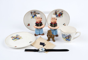 POPEYE: memorabilia selection comprising identical ceramic Toothbrush Holders (2), c.1980s each 13cm high, made in Japan; hollow lead figurine, with gold paint finish, height 7.5cm; Popeye watch; vintage bakelite "silhouette" tie pin; plus captioned ceram