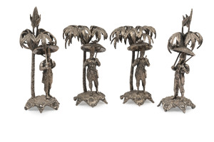 Four English silver plated table centre pieces depicting Indian soldiers, by Walker & Hall, 19th century. Originally from the Officer's mess British Army Barracks, Hyderabad, India. 20cm and 24cm high