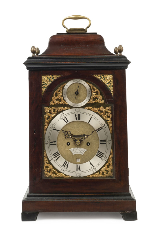 A Georgian mahogany English bracket clock, eight day bell striking verge movement with hour pull repeat and alarm train. Back plate beautifully engraved, dial marked "WILLIAM CREAK, LONDON", circa 1750s, a fine example. 58cm high