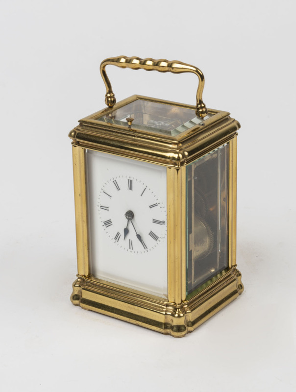 A Gorge cased French repeater antique carriage clock with Roman numerals, eight day movement with original lever escapement, striking ting-tang on the quarters on a single bell, circa 1870. Handle loose, 15cm high