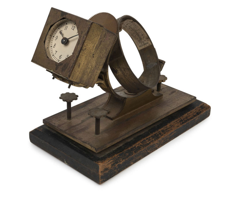 CROOK'S Patent Sundial clock, brass and mahogany with geared m,movement, circa 1890, 21cm high, 14cm wide, 26cm diameter