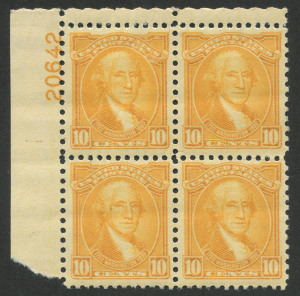 UNITED STATES OF AMERICA: 1932 (Scott 715) 10c Washington, Plate No. cnr.blk.(4), 3 MUH, 1 MLH.