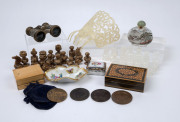 Opera glasses, mantilla hair comb, three jewellery boxes, Chinese scent bottle, commemorative medallions and Herend porcelain dish, assorted carved stone chess pieces (damaged), (13 items), the scent bottle 9.5cm high