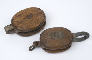 Two antique English sailing ship pulley blocks, oak with brass wheels, 19th century, ​22xm and 30cm high