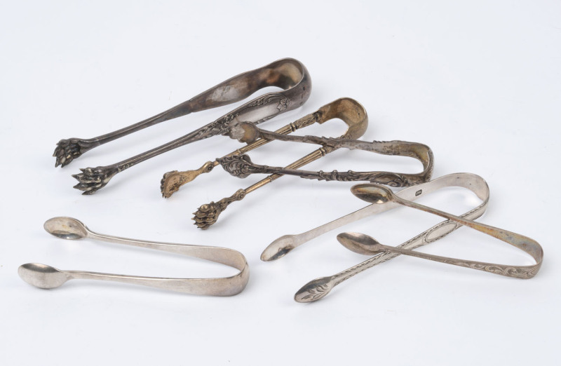 Six assorted sugar tongs, English and Continental including sterling silver and silver gilt, 19th century, the largest 16cm long, 195 grams total