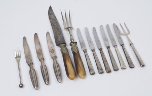 Antique carving knife and fork, sterling silver bread fork, six sterling silver fruit knives, three Christofle silver plated knives and a silver plated condiment fork, 19th and 20th century, ​the carving knife 31cm long