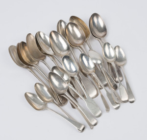 Twenty five assorted antique English and Scottish sterling silver spoons of various sizes, 780 grams