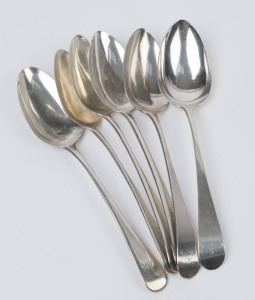 Six assorted Georgian sterling silver tablespoons, 18th/19th century, ​22cm long, 340 grams total