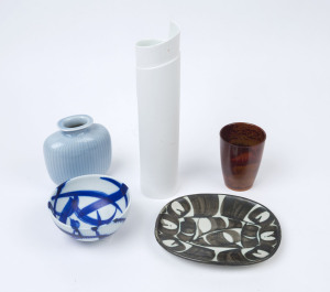 Art pottery dish, two vases, Royal Copenhagen bowl and a vintage bakelite beaker, 20th century, (5 items), the tallest 28cm high