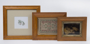 Framed sampler, embroidery and a print, 19th and 20th century, the largest frame 31 x 29cm overall