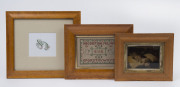Framed sampler, embroidery and a print, 19th and 20th century, ​the largest frame 31 x 29cm overall